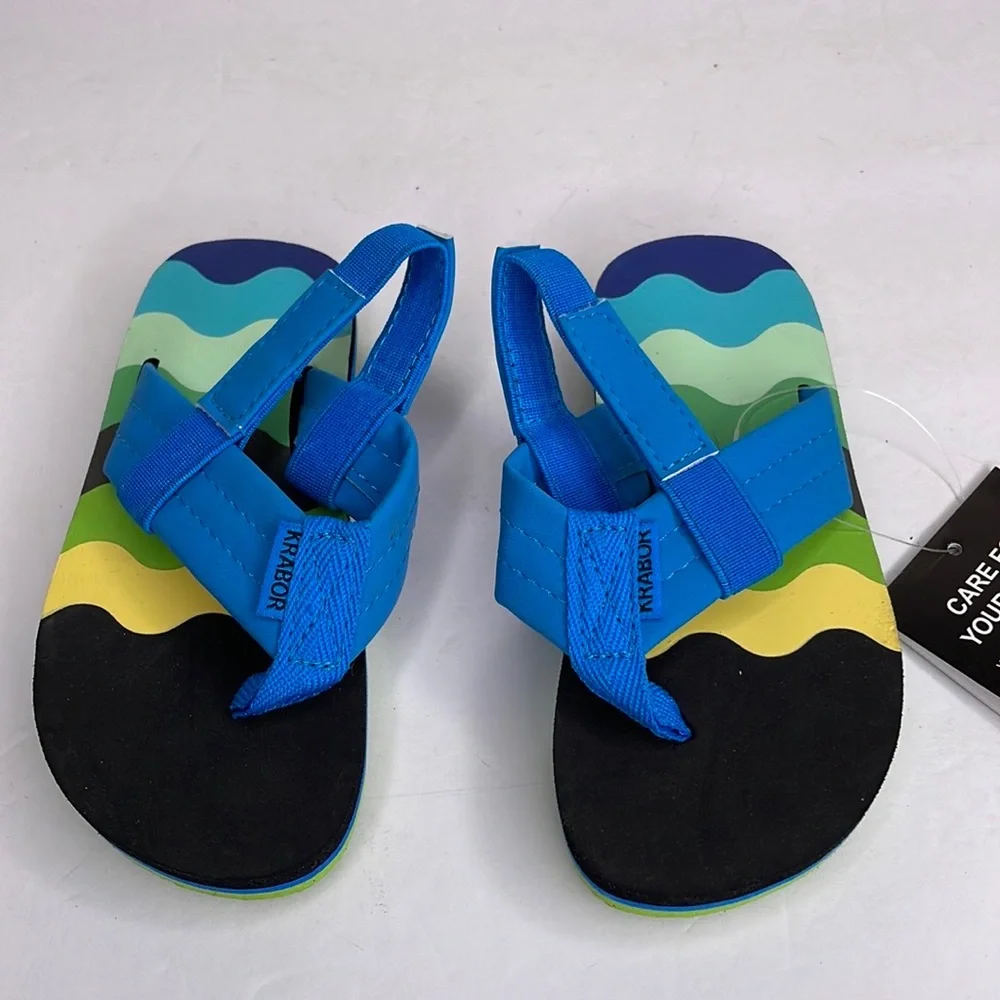 KRABOR Fitory Flip Flops Blue, Yellow, & Green Heel Strap NWT 5/6